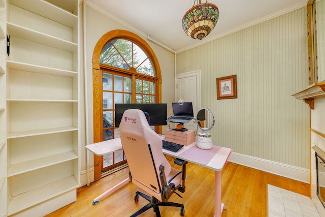 203 High St, West Chicago, IL 60185 - office featuring crown molding, wood finished floors, baseboards, and wallpapered walls