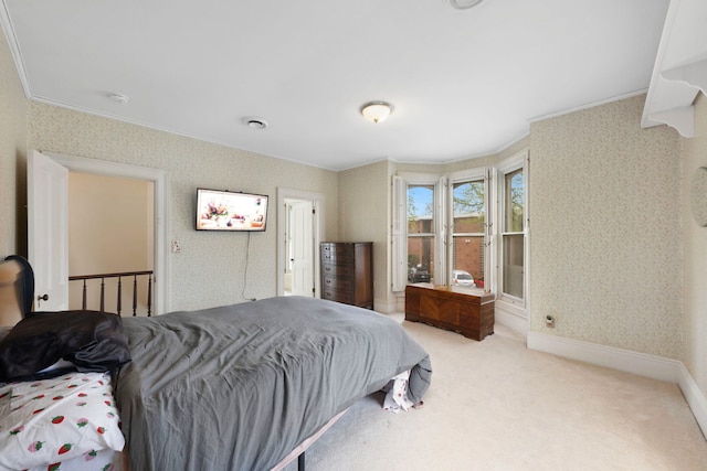 203 High St, West Chicago, IL 60185 - carpeted bedroom featuring crown molding, wallpapered walls, and baseboards