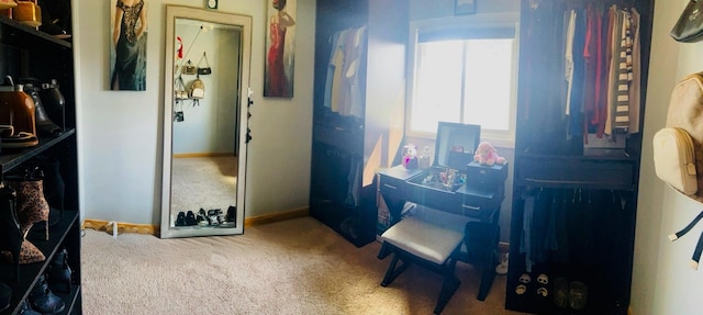 living area with baseboards and carpet flooring