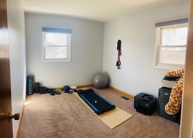 workout area featuring carpet flooring, baseboards, and visible vents