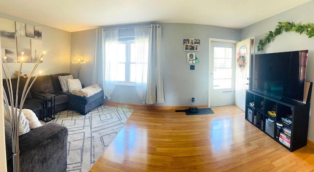 living room featuring plenty of natural light, baseboards, and wood finished floors