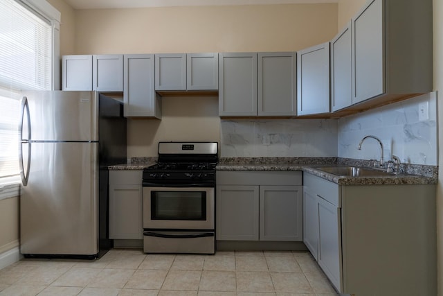 6609 S Rhodes Ave, Chicago, IL 60637 - kitchen featuring stainless steel appliances, gray cabinetry, a sink, and decorative backsplash