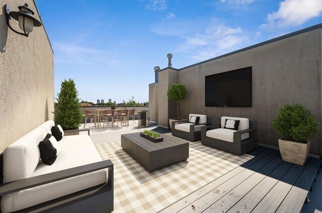 wooden terrace featuring outdoor lounge area and outdoor dining area