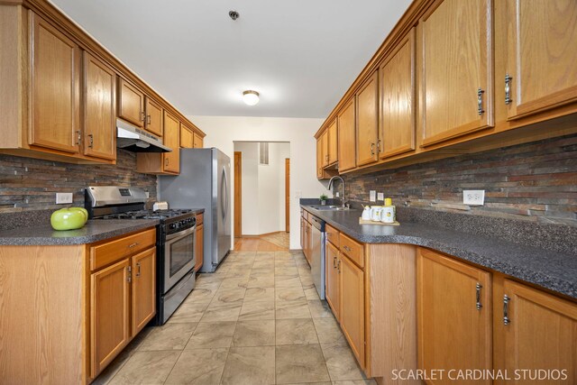 kitchen featuring tasteful backsplash, dark countertops, under cabinet range hood, stainless steel appliances, and a sink