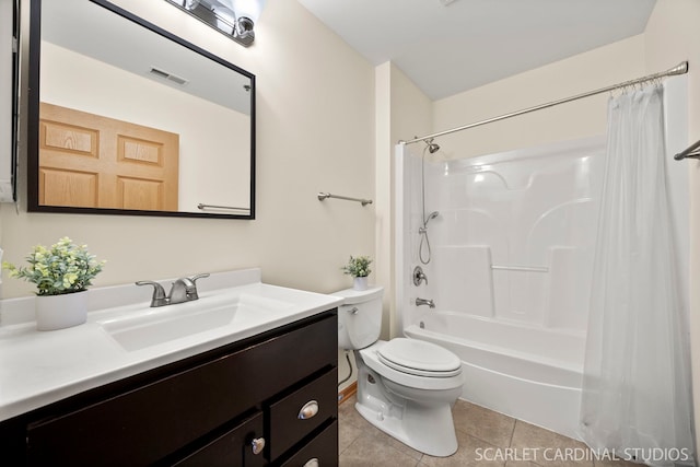 bathroom featuring vanity, shower / bath combo, tile patterned flooring, toilet, and visible vents