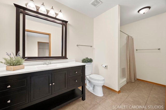 full bathroom with visible vents, curtained shower, toilet, vanity, and tile patterned floors