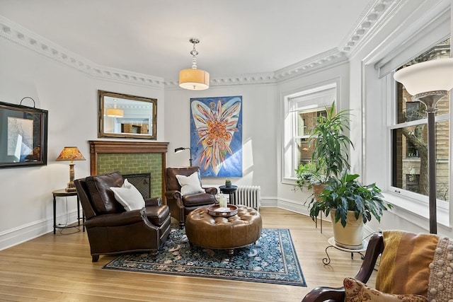 living area featuring wood finished floors, radiator, a fireplace, baseboards, and crown molding