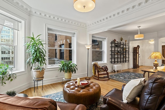 living area featuring radiator heating unit, wood finished floors, baseboards, and ornamental molding