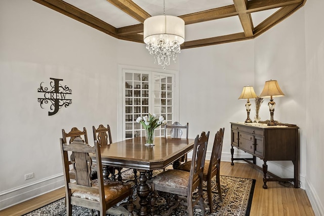dining area with coffered ceiling, a chandelier, baseboards, beam ceiling, and hardwood / wood-style floors