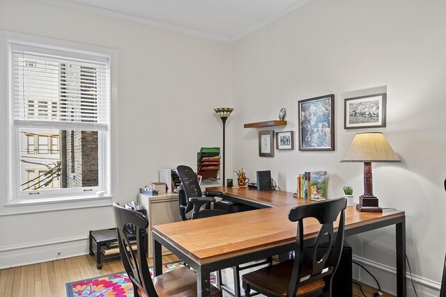 office space with wood finished floors, ornamental molding, and baseboards