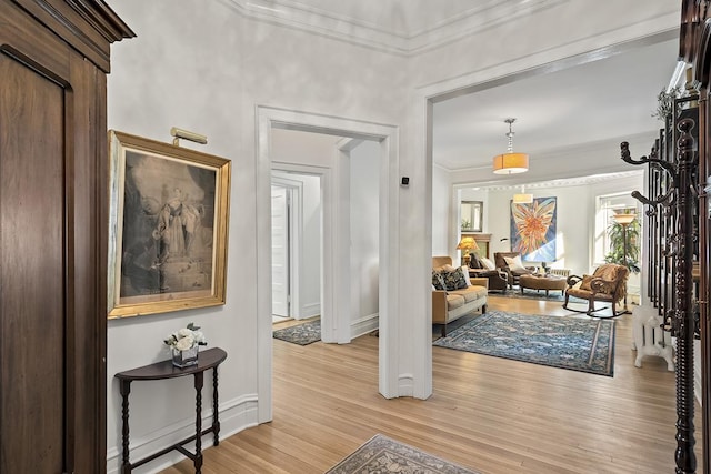 corridor with crown molding, light wood-type flooring, and baseboards