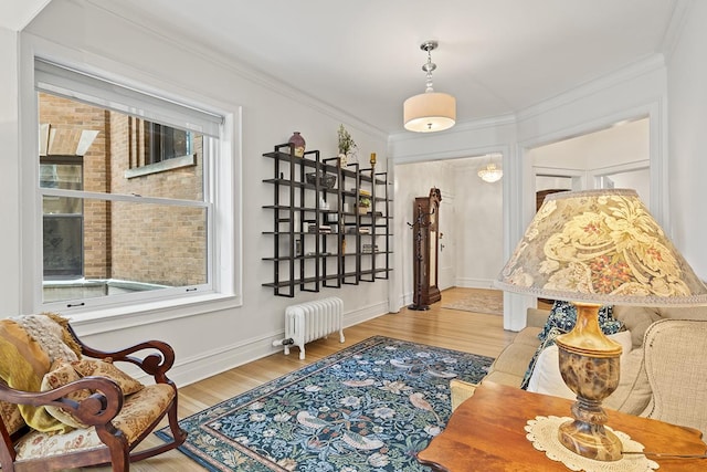 living area featuring radiator, wood finished floors, ornamental molding, and baseboards
