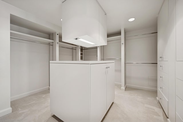 walk in closet with light carpet