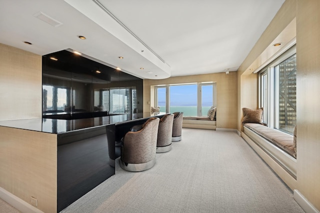 interior space with a water view, carpet, and a healthy amount of sunlight