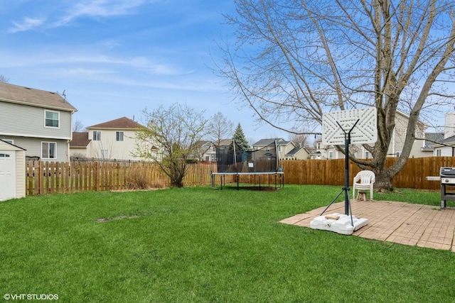 1164 Lakewood Cir, Naperville, IL 60540 - view of yard with a trampoline, a residential view, a patio, a shed, and an outbuilding