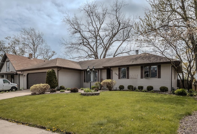 ranch-style house with driveway, a chimney, a front yard, and a garage