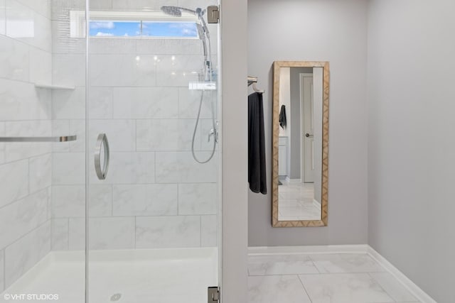 2523 Leander Ct, Woodridge, IL 60517 - bathroom featuring a shower stall, marble finish floor, and baseboards