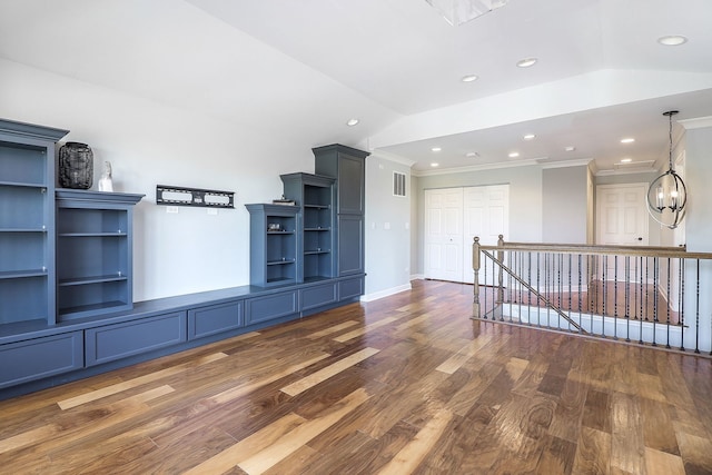 4118 Calder Ln, Aurora, IL 60504 - unfurnished room featuring wood finished floors, ornamental molding, recessed lighting, vaulted ceiling, and a chandelier