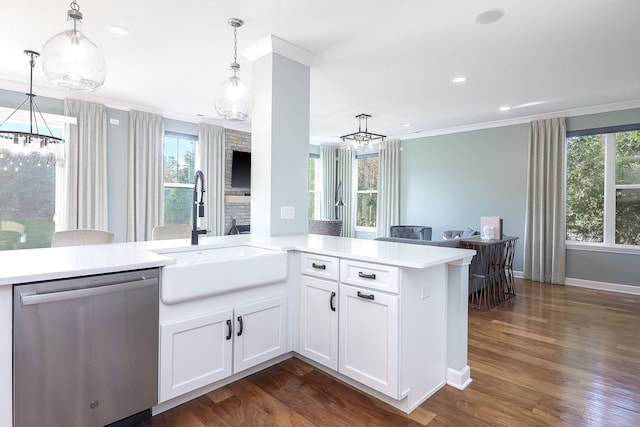 4118 Calder Ln, Aurora, IL 60504 - kitchen with dishwasher, a chandelier, a sink, ornamental molding, and decorative light fixtures