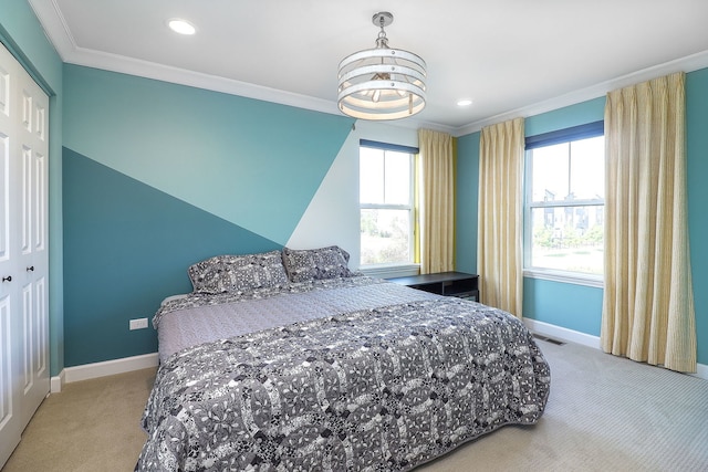 4118 Calder Ln, Aurora, IL 60504 - bedroom with light colored carpet, baseboards, ornamental molding, multiple windows, and recessed lighting