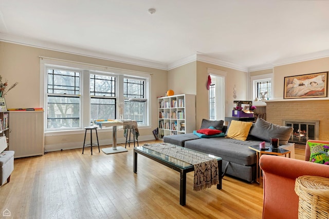 living area featuring light wood-style floors, baseboards, ornamental molding, and a fireplace