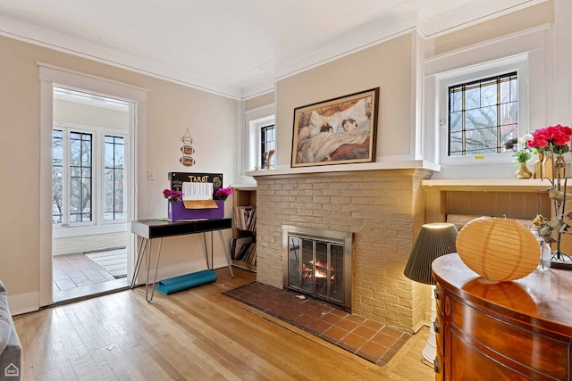 living area with crown molding, wood finished floors, and a fireplace