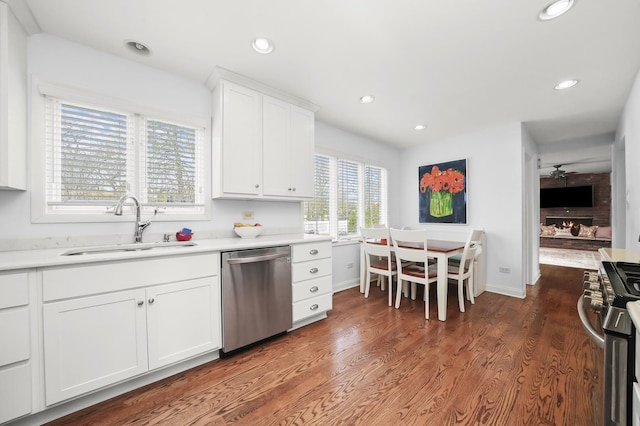 kitchen with wood finished floors, ceiling fan, recessed lighting, a sink, and appliances with stainless steel finishes