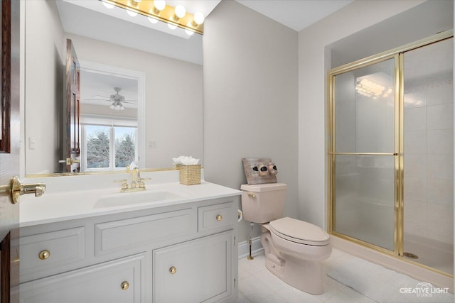 70 New Abbey Dr, Inverness, IL 60010 - full bath featuring vanity, tile patterned floors, toilet, a shower stall, and ceiling fan