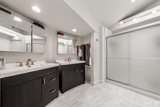 208 Brookdale Ln, Palatine, IL 60067 - bathroom featuring marble finish floors, two vanities, a stall shower, lofted ceiling, and recessed lighting