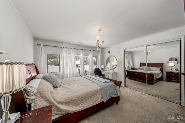 208 Brookdale Ln, Palatine, IL 60067 - carpeted bedroom with a chandelier, a closet, and crown molding