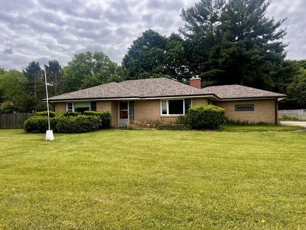 1320 N Il Rte 2, Oregon, IL 61061 - ranch-style home featuring brick siding, a chimney, and a shingled roof