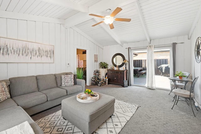 6802 Lyons St, Morton Grove, IL 60053 - living room featuring carpet flooring, ceiling fan, and lofted ceiling with beams