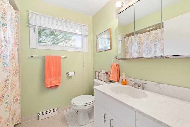 6802 Lyons St, Morton Grove, IL 60053 - full bathroom with vanity, a baseboard heating unit, baseboards, tile patterned flooring, and toilet