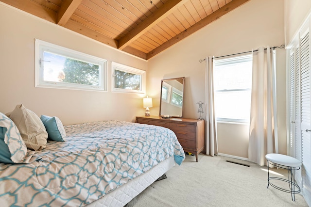 6802 Lyons St, Morton Grove, IL 60053 - bedroom with light carpet, wooden ceiling, and vaulted ceiling with beams