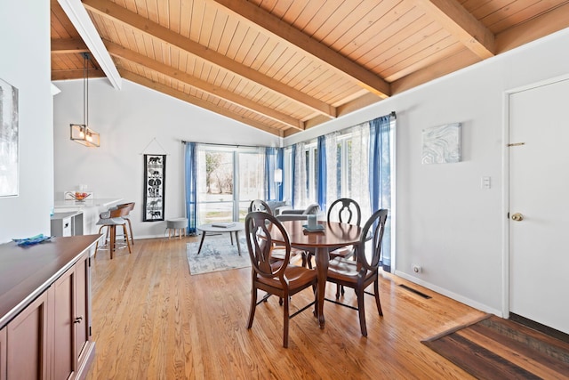 6802 Lyons St, Morton Grove, IL 60053 - dining space with light wood-style flooring, wood ceiling, baseboards, and lofted ceiling with beams