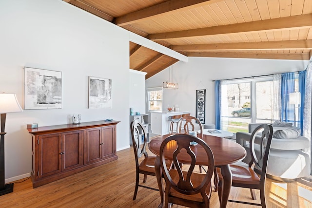 6802 Lyons St, Morton Grove, IL 60053 - dining room with light wood-type flooring, vaulted ceiling with beams, wooden ceiling, and baseboards