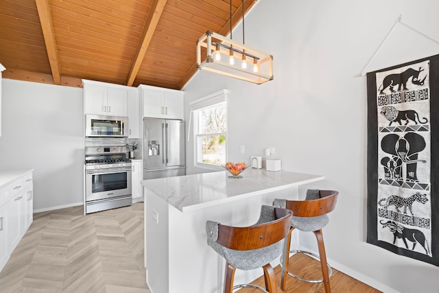 6802 Lyons St, Morton Grove, IL 60053 - kitchen featuring wooden ceiling, lofted ceiling with beams, white cabinetry, stainless steel appliances, and light stone counters