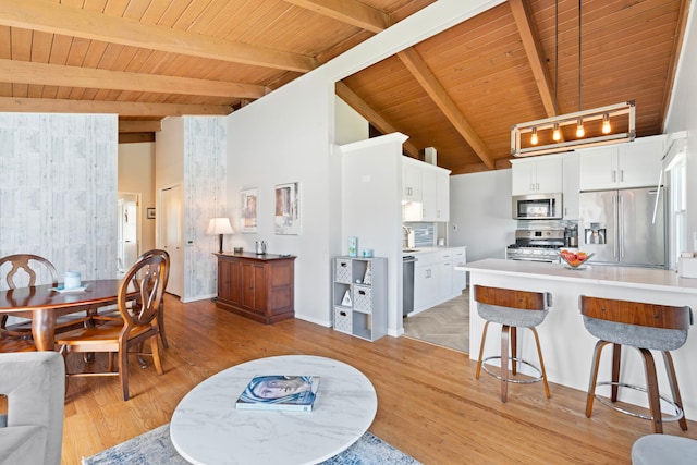 6802 Lyons St, Morton Grove, IL 60053 - kitchen with wooden ceiling, a breakfast bar, white cabinetry, and stainless steel appliances