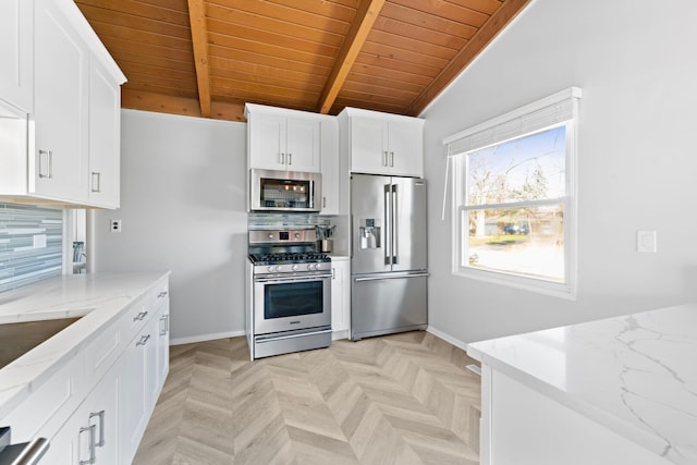 6802 Lyons St, Morton Grove, IL 60053 - kitchen with tasteful backsplash, wooden ceiling, lofted ceiling with beams, light stone countertops, and stainless steel appliances