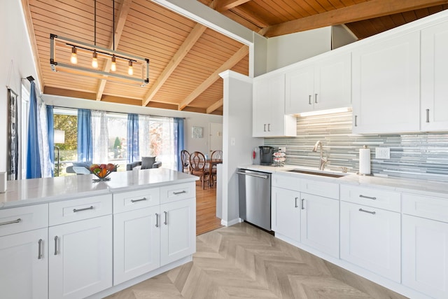 6802 Lyons St, Morton Grove, IL 60053 - kitchen featuring track lighting, wooden ceiling, dishwasher, light countertops, and a sink