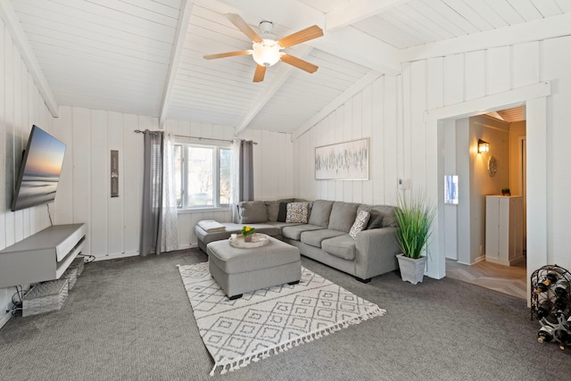 6802 Lyons St, Morton Grove, IL 60053 - carpeted living room featuring a ceiling fan and vaulted ceiling with beams