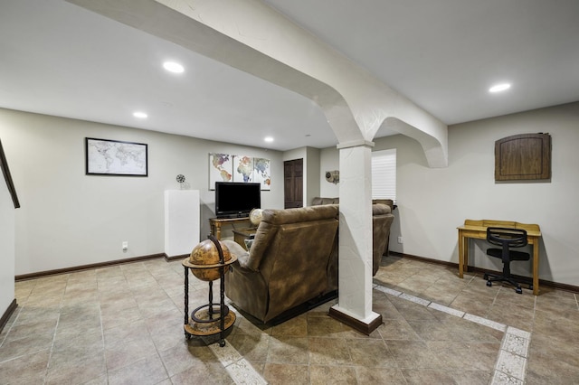 21729 W Hemingway Ct, Plainfield, IL 60544 - living area featuring ornate columns, recessed lighting, a desk, and arched walkways
