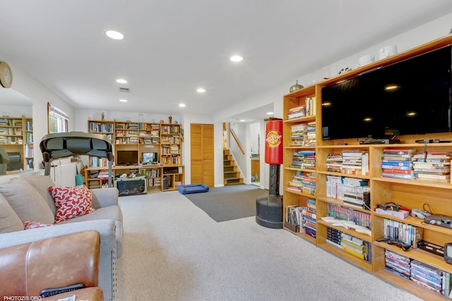 8936 N Elmore St, Niles, IL 60714 - carpeted living area with recessed lighting, visible vents, and stairs
