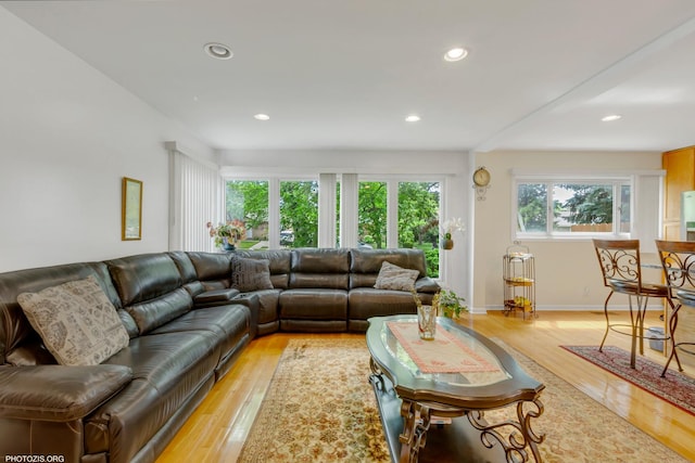 8936 N Elmore St, Niles, IL 60714 - living room with light wood-style flooring, baseboards, and recessed lighting