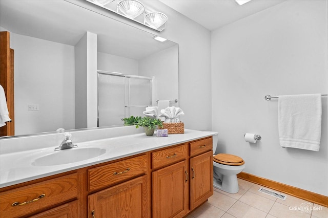 bathroom with a shower stall, vanity, tile patterned floors, visible vents, and baseboards