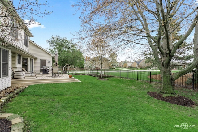 view of yard featuring a deck and a fenced backyard