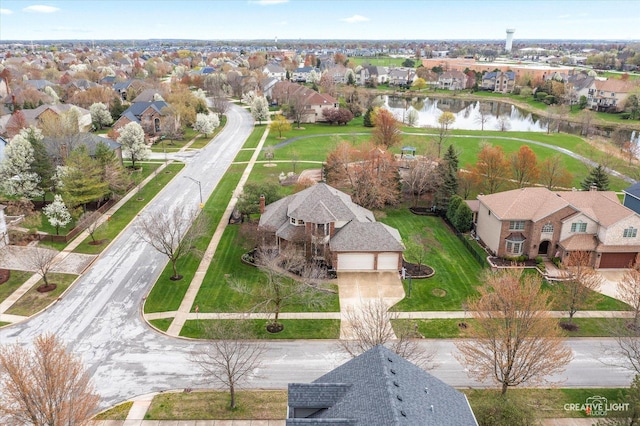 birds eye view of property featuring a water view and a residential view