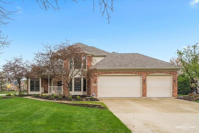 view of front of house with a shingled roof, concrete driveway, brick siding, a front yard, and a garage