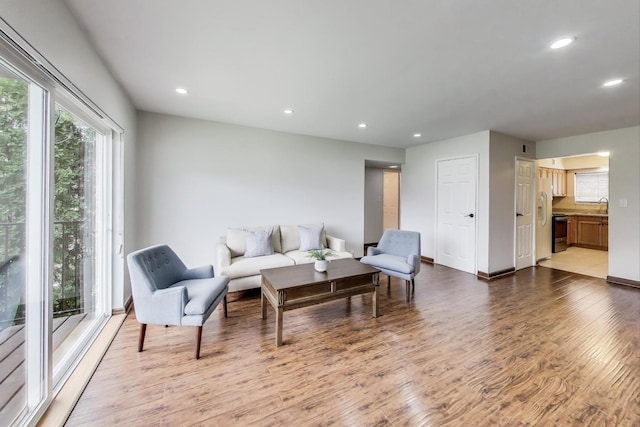 living area with baseboards, wood finished floors, and recessed lighting