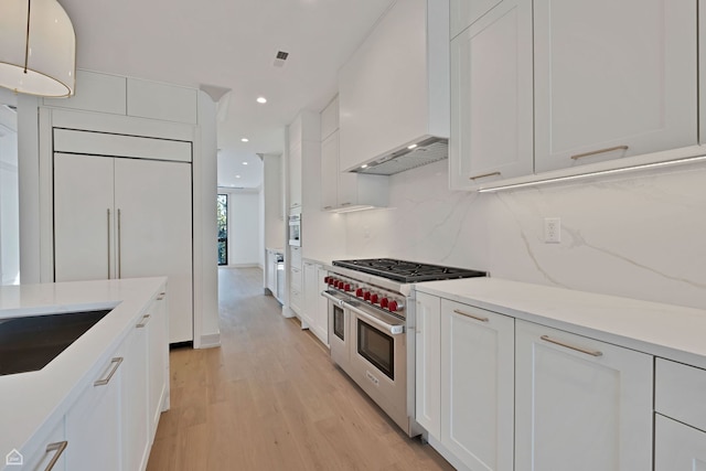 1646 N Orchard St Unit 3S, Chicago, IL 60614 - kitchen featuring stainless steel appliances, custom range hood, white cabinetry, light wood-style flooring, and recessed lighting